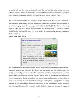 vegetable oils and fats were predominantly used for food and livestock feeding purposes,
whereas, nonfood utilization of vegetable oils in oleochemistry applications mainly focused on
particular crop species such as oilseed rape, such as canola, linseed, cotton or castor.
So, you can see these are the four pictures or images of these crops. The first one is the canola,
the second one is the linseed, third one is the cotton and fourth is the Castor. So, this situation is
currently changing due to the growing need of oil as biofuel feedstocks. Between marketing
years of 2005 and 2007, biofuel use of vegetable oils increased from 4.1% to 8.5% (almost
double) and by the year 2017, over 15% of the worldwide vegetable oil production was used as
biofuel feedstock.
(Refer Slide Time: 05:33)
So, let us look for the traditional oil crops. Most of the biodiesel is currently made from soybean,
rapeseed, sunflower and palm oils. Now having said that, kindly note that in India we are not
doing so. As I told you in the last class that whether it is in India or developing countries, when
we talk about vegetable oil to biodiesel, it comes directly under the food versus feed problem, so
we are not doing so. But having said that you have to understand that these are being done in
some of the countries in which the production is huge. And they have a huge problem of storing
the oils. So, new plant oils that are under consideration include mustard seed, peanut, sunflower
and cottonseed. Soybean oil is commonly used in the United States and rapeseed oil is used in
161
 