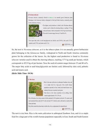 So, the next is Nicotiana tabacum, so it is the tobacco plant. It is an annually grown herbaceous
plant belonging to the Solanaceae family, widespread in North and South America commonly
grown for the collection of the leaves. So, the highest seed production is found in Nicotiana
tabacum varieties used to obtain the chewing tobacco, reaching 1171 kg seeds per hectare, which
corresponds to 432.9 kg oil per hectare. Now the seed oil content ranges between 33 and 40 wt%.
The major fatty acids in seed triacylglycerols are linoleic acid, followed by oleic acid, palmitic
acid and stearic acid.
(Refer Slide Time: 18:36)
The next is rice bran. Rice is the main cultivation in subtropical Southern Asia, and it is a staple
food for a large part of the world's human population especially in East, South and South Eastern
172
 