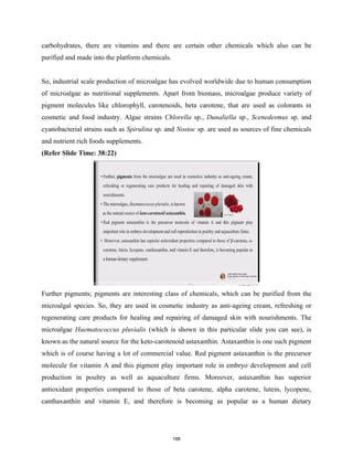 carbohydrates, there are vitamins and there are certain other chemicals which also can be
purified and made into the platform chemicals.
So, industrial scale production of microalgae has evolved worldwide due to human consumption
of microalgae as nutritional supplements. Apart from biomass, microalgae produce variety of
pigment molecules like chlorophyll, carotenoids, beta carotene, that are used as colorants in
cosmetic and food industry. Algae strains Chlorella sp., Dunaliella sp., Scenedesmus sp. and
cyanobacterial strains such as Spirulina sp. and Nostoc sp. are used as sources of fine chemicals
and nutrient rich foods supplements.
(Refer Slide Time: 38:22)
Further pigments; pigments are interesting class of chemicals, which can be purified from the
microalgal species. So, they are used in cosmetic industry as anti-ageing cream, refreshing or
regenerating care products for healing and repairing of damaged skin with nourishments. The
microalgae Haematococcus pluvialis (which is shown in this particular slide you can see), is
known as the natural source for the keto-carotenoid astaxanthin. Astaxanthin is one such pigment
which is of course having a lot of commercial value. Red pigment astaxanthin is the precursor
molecule for vitamin A and this pigment play important role in embryo development and cell
production in poultry as well as aquaculture firms. Moreover, astaxanthin has superior
antioxidant properties compared to those of beta carotene, alpha carotene, lutein, lycopene,
canthaxanthin and vitamin E, and therefore is becoming as popular as a human dietary
188
 