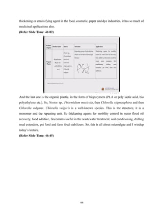 thickening or emulsifying agent in the food, cosmetic, paper and dye industries, it has so much of
medicinal applications also.
(Refer Slide Time: 46:02)
And the last one is the organic plastic, in the form of biopolymers (PLA or poly lactic acid, bio
polyethylene etc.). So, Nostoc sp., Phormidium mucicola, then Chlorella stigmaaphora and then
Chlorella vulgaris. Chlorella vulgaris is a well-known species. This is the structure, it is a
monomer and the repeating unit. So thickening agents for mobility control in water flood oil
recovery, food additive, flocculants useful in the wastewater treatment, soil conditioning, drilling
mud extenders, pet food and farm feed stabilizers. So, this is all about microalgae and I windup
today’s lecture.
(Refer Slide Time: 46:45)
196
 
