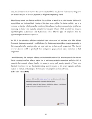 hand, it is also necessary to increase the conversion of cellulose into glucose. There are two things, first
you increase the yield of cellulose, by means of the genetic engineering aspect.
Second thing is that, you increase cellulose; but cellulose is bound in such an intricate fashion with
hemicellulose and lignin and their rigidity so high they are crystalline. So, that crystallinity has to be
overcome so that the cellulose can be transformed into glucose. So, improvements in the post harvest
processing in-planta were originally attempted in transgenic tobacco which constitutively produced
hyperthermophilic a-glucosidase and b-glucosidase (two different types of enzymes) from the
hyperthermophile Sulfolobus solfataricus.
So, this is one particular unicellular organism from which these two enzymes have been derived.
Transgenic plant means genetically modified plant. So, the transgene glucosidases began to accumulate in
the tobacco plant after a certain delay and were inactivate at plant growth temperature. After harvest,
however glucose could be produced from endogenous polysaccharide upon incubation at high
temperature.
I would like to say that transgenic tobacco is being farmed in many of the Western countries, because not
for the consumption of the tobacco leaves, but to purify one particular monoclonal antibody which is
present in the transgenic tobacco. Usually it is present in a very small quantity, about 6 to 7% not more
than that. Sometimes it is less than that depending upon the species, so it is a very high class antibody,
needs to be purified, for that purpose this transgenic tobacco plants are been cultivated.
(Refer Slide Time: 38:08)
227
 