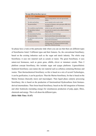 So please have a look at this particular slide where you can see that there are different types
of biorefineries listed. 9 different types and their features. So, the conventional biorefinery;
based on the existing industries such as the sugar and starch industry. The whole crop
biorefinery; it uses raw material such as cereals or maize. The green biorefinery; it uses
nature-wet biomasses, such as green grass, alfalfa, clover or immature cereals. Then 2
platform concept biorefinery; this includes sugar and syngas platforms. Lignocellulosic
feedstock biorefinery; uses nature dry raw material such as cellulose containing Biomass and
wastes. Then thermochemical biorefinery; so this is based on a mix of several Technologies,
it can be gasification, it can be pyrolysis. Then the Marine biorefinery; So that is based on the
Marine biomass (basically micro and macroalgae). Then liquid phase catalytic processing
biorefinery; this is based on the production of functionalized Hydrocarbons from biomass-
derived intermediates. Then forest based biorefinery; based on the full integration of biomass
and other feedstocks (including energy) for simultaneous production of pulp, paper, fibres,
chemicals and energy. This is all about the different types.
(Refer Slide Time: 11:47)
250
 