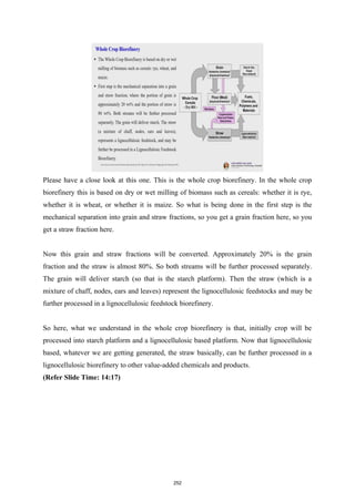 Please have a close look at this one. This is the whole crop biorefinery. In the whole crop
biorefinery this is based on dry or wet milling of biomass such as cereals: whether it is rye,
whether it is wheat, or whether it is maize. So what is being done in the first step is the
mechanical separation into grain and straw fractions, so you get a grain fraction here, so you
get a straw fraction here.
Now this grain and straw fractions will be converted. Approximately 20% is the grain
fraction and the straw is almost 80%. So both streams will be further processed separately.
The grain will deliver starch (so that is the starch platform). Then the straw (which is a
mixture of chaff, nodes, ears and leaves) represent the lignocellulosic feedstocks and may be
further processed in a lignocellulosic feedstock biorefinery.
So here, what we understand in the whole crop biorefinery is that, initially crop will be
processed into starch platform and a lignocellulosic based platform. Now that lignocellulosic
based, whatever we are getting generated, the straw basically, can be further processed in a
lignocellulosic biorefinery to other value-added chemicals and products.
(Refer Slide Time: 14:17)
252
 