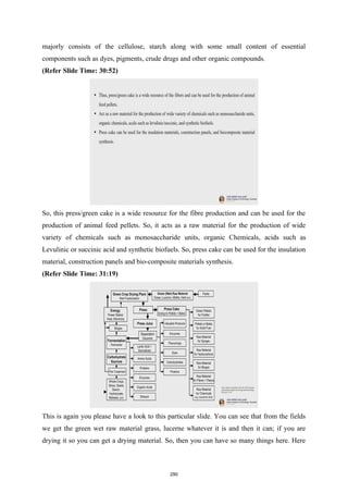 majorly consists of the cellulose, starch along with some small content of essential
components such as dyes, pigments, crude drugs and other organic compounds.
(Refer Slide Time: 30:52)
So, this press/green cake is a wide resource for the fibre production and can be used for the
production of animal feed pellets. So, it acts as a raw material for the production of wide
variety of chemicals such as monosaccharide units, organic Chemicals, acids such as
Levulinic or succinic acid and synthetic biofuels. So, press cake can be used for the insulation
material, construction panels and bio-composite materials synthesis.
(Refer Slide Time: 31:19)
This is again you please have a look to this particular slide. You can see that from the fields
we get the green wet raw material grass, lucerne whatever it is and then it can; if you are
drying it so you can get a drying material. So, then you can have so many things here. Here
290
 