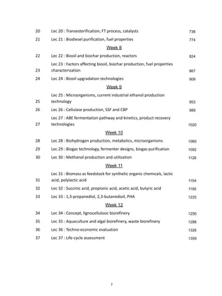 20 Lec 20 : Transesterification; FT process, catalysts 738
21 Lec 21 : Biodiesel purification, fuel properties 774
Week 8
22 Lec 22 : Biooil and biochar production, reactors 824
23
Lec 23 : Factors affecting biooil, biochar production, fuel properties
characterization 867
24 Lec 24 : Biooil upgradation technologies 909
Week 9
25
Lec 25 : Microorganisms, current industrial ethanol production
technology 953
26 Lec 26 : Cellulase production, SSF and CBP 989
27
Lec 27 : ABE fermentation pathway and kinetics, product recovery
technologies 1020
Week 10
28 Lec 28 : Biohydrogen production, metabolics, microorganisms 1060
29 Lec 29 : Biogas technology, fermenter designs, biogas purification 1092
30 Lec 30 : Methanol production and utilization 1126
Week 11
31
Lec 31 : Biomass as feedstock for synthetic organic chemicals, lactic
acid, polylactic acid 1154
32 Lec 32 : Succinic acid, propionic acid, acetic acid, butyric acid 1195
33 Lec 33 : 1,3-propanediol, 2,3-butanedioil, PHA 1225
Week 12
34 Lec 34 : Concept, lignocellulosic biorefinery 1250
35 Lec 35 : Aquaculture and algal biorefinery, waste biorefinery 1288
36 Lec 36 : Techno-economic evaluation 1326
37 Lec 37 : Life-cycle assessment 1359
2
 