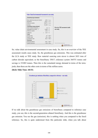 So, value chain environmental assessment in case study. So, this is an overview of the TEE
assessment results cases study. So, the greenhouse gas emissions. This was estimated after
the LCA study or TEE study. Raw material sourcing corn stover is almost 2651 tons of
carbon dioxide equivalent; so the biorefinery 35017, reference system 368751 tonnes and
savings is 331083 tonnes. Then this is the cumulated energy demand in terms of the terra-
joule, then these are the other costs in terms of the million euros.
(Refer Slide Time: 40:53)
If we talk about the greenhouse gas emissions of biorefinery compared to reference case
study, you see, this is the second-generation ethanol biorefinery. And this is the greenhouse
gas emission. You see the gas (emission), this is nothing when you compared to the fossil
reference. So, this is quite understood from this particular slide, when you talk about
338
 