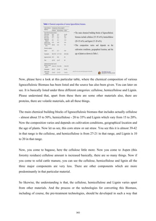 Now, please have a look at this particular table, where the chemical composition of various
lignocellulosic Biomass has been listed and the source has also been given. You can later on
see. It is basically listed under three different categories: cellulose, hemicellulose and Lignin.
Please understand that, apart from these there are some other materials also, there are
proteins, there are volatile materials, ash all these things.
The main chemical building blocks of lignocellulosic biomass that includes actually cellulose
- almost about 35 to 50%, hemicellulose - 20 to 35% and Lignin which vary from 15 to 20%.
Now the composition varies and depends on cultivation conditions, geographical location and
the age of plants. Now let us see, this corn straw or oat straw. You see this it is almost 39-42
in that range is the cellulose, and hemicellulose is from 27-21 in that range, and Lignin is 10
to 20 in that range.
Now, you come to bagasse, here the cellulose little more. Now you come to Aspen (this
forestry residues) cellulose amount is increased basically, there are so many things. Now if
you come to solid cattle manure, you can see the cellulose, hemicellulose and lignin all the
three major components are very less. There are other components which are more
predominantly in that particular material.
So likewise, the understanding is that, the cellulose, hemicellulose and Lignin varies apart
from other materials. And the process or the technologies for converting this Biomass,
including of course, the pre-treatment technologies, should be developed in such a way that
343
 