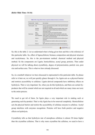 (Refer Slide Time: 14:16)
So, this is the table 2. Let us understand what is being given here and this is the reference of
this particular table. So, effect of lignocellulosic biomass composition and physical structure
and recalcitrance. So, this is the pre-treatment method: chemical method and physical
method. So the components are Lignin, hemicellulose, acetyl group, proteins. Then under
physical we will be talking about crystallinity, degree of polymerization, particle size, pore
size and surface area. This is what we have already discussed.
So, in a nutshell whatever we have discussed is represented in this particular table. So please
refer to it later on; we will just quickly glance through it. So, lignin acts as a physical barrier
and restricts accessibility to cellulose. Lignin derived compounds have inhibitory effects on
hydrolysis. That is very important. So, when you do this hydrolysis, and there are certain by-
products that will be created which are not required at all and which are many times are toxic
to the entire process.
We need to get rid of them. So lignin plays a very important role in making such or
generating such by-product. That is why lignin has to be removed completely. Hemicellulose
acts the physical barrier and restrict the accessibility of cellulase enzyme to cellulose. Acetyl
group interferes with enzymes recognition. Proteins will have both positive and negative
effects on hydrolysis.
Crystallinity tells us that hydrolysis rate of amorphous cellulose is almost 30 times higher
than the crystalline cellulose. That is why more crystalline the cellulose, we need to have a
353
 