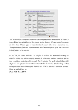 This is the selected examples of the studies concerning mechanical pretreatment. So, I leave it
to you. Please have a look later on. So, you can see that there are different types of biomasses
are listed here, different types of pretreatment methods are listed here, a mechanical one.
Then pretreatment conditions. How much time and all these things are given here. And what
is the efficiency of the process?
So, we will just see the first one. The Douglas fir residues. So, the hammer milling, air
classifier milling, ball milling, chipped, mashed all these things has been compared. So, the
time of residence inside the mill is basically 7 to 30 minutes. The result is that, highest yield
of glucose and xylose/mannose and was obtained after 30 minutes of ball milling. So ball
milling decreases the cellulose crystal from 40.73% to 11.7% which is a significant decrease.
Please have a look later on.
(Refer Slide Time: 28:14)
363
 