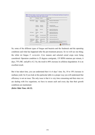 So, some of the different types of fungus and bacteria and the feedstock and the operating
conditions and what has happened after the pre-treatment process. So we will see one thing;
the white rot fungus T. versicolor. Cow manure and selected cereal crops were being
considered. Operation condition is 25 degrees centigrade, 135 RPM rotations per minute, 6
days, 75% MC. and pH is 4.2. So, the result is 80% increase in cellulose degradation. It is an
excellent result.
But it has taken time, you can understand that it is 6 days’ time. So, 10 to 18% increase in
methane yield. So if you look at this particular table in a proper way you will understand that
efficiency is not an issue. The only issue is that it is very time consuming and then since we
are dealing with live organisms, we have to ensure each and every day that their growth
conditions are maintained.
(Refer Slide Time: 40:15)
373
 
