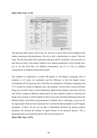 (Refer Slide Time: 11:10)
This particular table, please refer to this one. So here it is given that selected samples of the
studies concerning acid pretreatment. This list is only a representative in nature. There are
many. This has been taken from a particular reference which is listed here. You can refer to it
later there are many. I just quickly explain to you. Banana pseudostem we have already seen.
Let us see this Sisal fibre. So different concentration, say 0.5 to 1.5%, so different
concentrations of sulphuric acid has been tested.
The condition is; temperature is around 100 degrees to 120 degrees’ centigrade; time of
residence is of course not mentioned and the efficiency is that the highest xylose
concentration of 0.132 gram per litre of the fibre was obtained at 120 degrees centigrade with
2.5 % volume by volume of sulphuric acid. Like similarly, I do not want to read out all these
things you can refer it later on and I deliberately added all these things so that those (of you)
who will be working on Biomass related topics for their academic interest or otherwise for
doing some research, it will be helpful for them to get some first-hand information about the
different effects of the dilute acid pretreatment. Similarly, this is continuing, so you can see
the Agava plant which we have discussed, this is cornstover dilute phosphoric acid 50 degree
centigrade, 10 hours. So you can see that it substantially decreases the gaseous product
formation, but increase the amount of liquid fraction in the pyrolysis process. This is
particularly done, pre-treated cornstover with an aim to pyrolyze it.
(Refer Slide Time: 12:53)
386
 