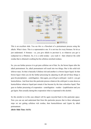 This is an excellent slide. You see this is a flowchart of a pretreatment process using the
alkalis. What it does. This is a representative one. It is not true for every biomass. So let us
just understand. A biomass - so, you give alkalis to pre-treat it, so whatever you get is
(subjected to) a filtration. So, it is a solid residue - you wash it - then whatever the solid
residue that is obtained is nothing but the cellulose enriched residues.
So, you can further process it to get pure cellulose out of that. So, the brown liquor after the
alkali pretreatment. So, alkali pretreatment will result into two things. One is this solid rich
leftover mass. So that is basically Cellulose rich and another is a brown liquor liquid. So that
brown liquor when you do the further processing by adjusting its pH and all these things it
goes for precipitation – centrifugation - then again, you will get a solid part - wash it - you get
hemicellulose. And from here this particular process whatever the solid part is come down as
hemicellulose whatever liquid part remain it has become by the time colourless liquid. That
goes to further processing of evaporation - centrifugation - washer - lyophilization and you
get lignin. Here actually during this evaporation what is evaporated is this alcohol.
So this alcohol or in this case ethanol will be again recycled back to this particular space.
Now you can see and understand that from this particular process that in three subsequent
steps we are getting cellulose rich residue, then hemicelluloses and Lignin by alkali
pretreatment.
(Refer Slide Time: 16:51)
389
 