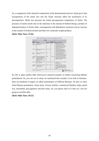 So, a comparison of the chemical composition of the demineralized and raw Xylan prove that
incorporation of the metal ions into the Xylan structure affect the mechanism of its
decomposition. Metal ions decrease the initial decomposition temperature of Xylan. The
presence of metals results also in the reduction in the amount of furfural (being a product of
depolymerization of Xylan chain, rearrangement and dehydration reactions) and an increase
in the content of furfuryl alcohol and other low molecular weight products.
(Refer Slide Time: 19:46)
So, this is again another table which gives selected examples of studies concerning alkaline
pretreatment. So, you can see so many are mentioned here actually if you look at literature,
there are hundreds of papers on alkali pretreatment of different Biomass. So here we have
listed Banana pseudostem, wheat straw, Zizania latifolia, commercial Bamboo chips, peach
tree, miscanthus and giganteus and then many. So, you please refer to it later on, I am not
going to read this table.
(Refer Slide Time: 20:23)
392
 