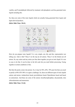 vanillin, and P-anisaldehyde followed by treatment with phosphoric acid has generated ionic
liquids including this.
So, these are some of the ionic liquids which are actually being generated from Lignin and
lignin derived products.
(Refer Slide Time: 30:41)
How do you prepare ionic liquids? It is very simple, mix this and this; representative am
telling you. what is that? These 4 on the top are all cations. These 4 on the bottom are all
anions. So, any cation and any anion you fuse them together you get an ionic liquid. It is not
so easy to do that. It can be done in the lab scale but you need further processing. Fusing
together at certain conditions is fine.
But then the purity comes into picture. So, it may be 50%, 60%, 70% pure but then you need
to purify to 80% 85% 90% it is again a challenge. So, these are different types of ionic liquids
cations and anions; imidazolium based, pyrrolidinium based, Piperidinium based and based
on ammonium. And these are some of the anions; hexafluorophosphate, dicyanamide, tetra
chloroaluminate and ammonium.
(Refer Slide Time: 31:44)
401
 