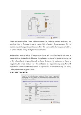 This is a schematic of the Ozone oxidation process. So, basically you have an Oxygen gas
tank here - then by flowmeter it goes to a unit, which is basically Ozone generator. So, you
maintain standard temperature and pressure. Now this ozone will be fed to a packed bed type
of column which is having this lignocellulosic Biomass.
And you have a micro bubble diffuser - so the Ozone will be diffused and it will come in
contact with the lignocellulosic Biomass, then whatever the Ozone is getting or moving out
of this column has to be passed through an Ozone destructor. So again, convert Ozone to
oxygen. So, this is very simplest way - this can be done in a large scale very easily. No harsh
pretreatment condition and no requirement of sophisticated instrumentation only you need a
Ozone generator and oxygen cylinder.
(Refer Slide Time: 42:31)
411
 