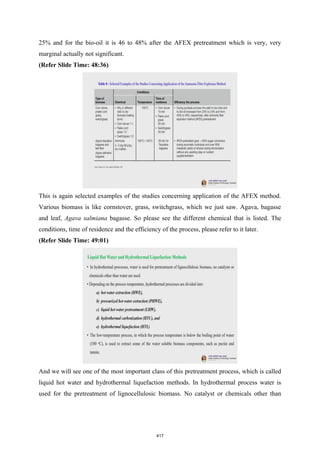 25% and for the bio-oil it is 46 to 48% after the AFEX pretreatment which is very, very
marginal actually not significant.
(Refer Slide Time: 48:36)
This is again selected examples of the studies concerning application of the AFEX method.
Various biomass is like cornstover, grass, switchgrass, which we just saw. Agava, bagasse
and leaf, Agava salmiana bagasse. So please see the different chemical that is listed. The
conditions, time of residence and the efficiency of the process, please refer to it later.
(Refer Slide Time: 49:01)
And we will see one of the most important class of this pretreatment process, which is called
liquid hot water and hydrothermal liquefaction methods. In hydrothermal process water is
used for the pretreatment of lignocellulosic biomass. No catalyst or chemicals other than
417
 