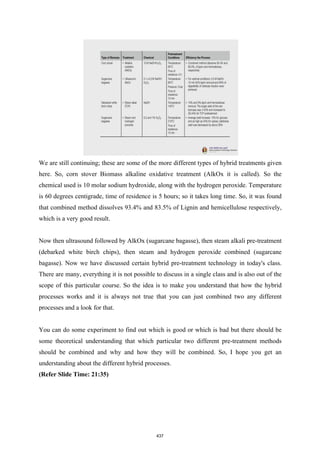 We are still continuing; these are some of the more different types of hybrid treatments given
here. So, corn stover Biomass alkaline oxidative treatment (AlkOx it is called). So the
chemical used is 10 molar sodium hydroxide, along with the hydrogen peroxide. Temperature
is 60 degrees centigrade, time of residence is 5 hours; so it takes long time. So, it was found
that combined method dissolves 93.4% and 83.5% of Lignin and hemicellulose respectively,
which is a very good result.
Now then ultrasound followed by AlkOx (sugarcane bagasse), then steam alkali pre-treatment
(debarked white birch chips), then steam and hydrogen peroxide combined (sugarcane
bagasse). Now we have discussed certain hybrid pre-treatment technology in today's class.
There are many, everything it is not possible to discuss in a single class and is also out of the
scope of this particular course. So the idea is to make you understand that how the hybrid
processes works and it is always not true that you can just combined two any different
processes and a look for that.
You can do some experiment to find out which is good or which is bad but there should be
some theoretical understanding that which particular two different pre-treatment methods
should be combined and why and how they will be combined. So, I hope you get an
understanding about the different hybrid processes.
(Refer Slide Time: 21:35)
437
 