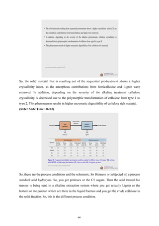 So, the solid material that is resulting out of the sequential pre-treatment shows a higher
crystallinity index, as the amorphous contributions from hemicellulose and Lignin were
removed. In addition, depending on the severity of the alkaline treatment cellulose
crystallinity is decreased due to the polymorphic transformation of cellulose from type 1 to
type 2. This phenomenon results in higher enzymatic digestibility of cellulose rich material.
(Refer Slide Time: 26:02)
So, these are the process conditions and the schematic. So Biomass is (subjected to) a process
standard acid hydrolysis. So, you get pentoses or the C5 sugars. Then the acid treated bio
masses is being send to a alkaline extraction system where you get actually Lignin as the
bottom or the product which are there in the liquid fraction and you get the crude cellulose in
the solid fraction. So, this is the different process condition.
441
 
