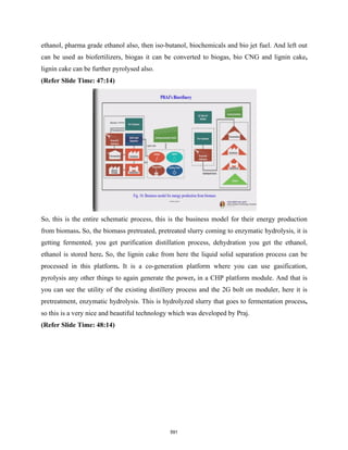 ethanol, pharma grade ethanol also, then iso-butanol, biochemicals and bio jet fuel. And left out
can be used as biofertilizers, biogas it can be converted to biogas, bio CNG and lignin cake,
lignin cake can be further pyrolysed also.
(Refer Slide Time: 47:14)
So, this is the entire schematic process, this is the business model for their energy production
from biomass. So, the biomass pretreated, pretreated slurry coming to enzymatic hydrolysis, it is
getting fermented, you get purification distillation process, dehydration you get the ethanol,
ethanol is stored here. So, the lignin cake from here the liquid solid separation process can be
processed in this platform. It is a co-generation platform where you can use gasification,
pyrolysis any other things to again generate the power, in a CHP platform module. And that is
you can see the utility of the existing distillery process and the 2G bolt on moduler, here it is
pretreatment, enzymatic hydrolysis. This is hydrolyzed slurry that goes to fermentation process,
so this is a very nice and beautiful technology which was developed by Praj.
(Refer Slide Time: 48:14)
591
 