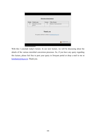 With this I conclude today's lecture. In our next lecture, we will be discussing about the
details of the various microbial conversion processes. So, if you have any query regarding
this lecture, please feel free to post your query in Swayam portal or drop a mail to me at
kmohanty@iitg.ac.in. Thank you.
636
 