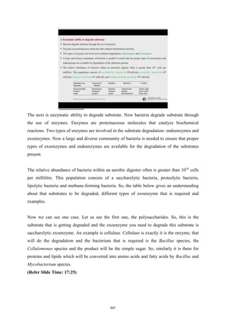 The next is enzymatic ability to degrade substrate. Now bacteria degrade substrate through
the use of enzymes. Enzymes are proteinaceous molecules that catalyze biochemical
reactions. Two types of enzymes are involved in the substrate degradation: endoenzymes and
exoenzymes. Now a large and diverse community of bacteria is needed to ensure that proper
types of exoenzymes and endoenzymes are available for the degradation of the substrates
present.
The relative abundance of bacteria within an aerobic digester often is greater than 1016
cells
per millilitre. This population consists of a saccharolytic bacteria, proteolytic bacteria,
lipolytic bacteria and methane-forming bacteria. So, the table below gives an understanding
about that substrates to be degraded, different types of exoenzyme that is required and
examples.
Now we can see one case. Let us see the first one, the polysaccharides. So, this is the
substrate that is getting degraded and the exoenzyme you need to degrade this substrate is
saccharolytic exoenzyme. An example is cellulase. Cellulase is exactly it is the enzyme, that
will do the degradation and the bacterium that is required is the Bacillus species, the
Cellulomonas species and the product will be the simple sugar. So, similarly it is there for
proteins and lipids which will be converted into amino acids and fatty acids by Bacillus and
Mycobacterium species.
(Refer Slide Time: 17:25)
647
 