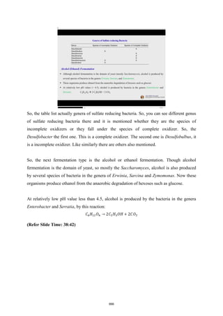 So, the table list actually genera of sulfate reducing bacteria. So, you can see different genus
of sulfate reducing bacteria there and it is mentioned whether they are the species of
incomplete oxidizers or they fall under the species of complete oxidizer. So, the
Desulfobacter the first one. This is a complete oxidizer. The second one is Desulfobulbus, it
is a incomplete oxidizer. Like similarly there are others also mentioned.
So, the next fermentation type is the alcohol or ethanol fermentation. Though alcohol
fermentation is the domain of yeast, so mostly the Saccharomyces, alcohol is also produced
by several species of bacteria in the genera of Erwinia, Sarcina and Zymomonas. Now these
organisms produce ethanol from the anaerobic degradation of hexoses such as glucose.
At relatively low pH value less than 4.5, alcohol is produced by the bacteria in the genera
Enterobacter and Serratia, by this reaction:
(Refer Slide Time: 38:42)
666
 