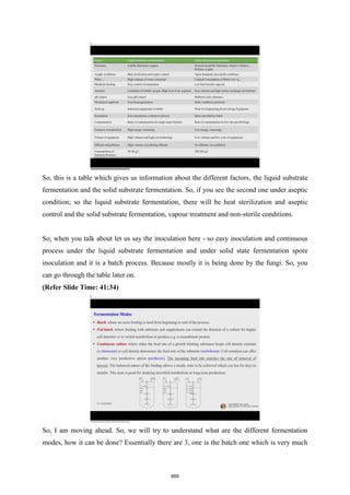 So, this is a table which gives us information about the different factors, the liquid substrate
fermentation and the solid substrate fermentation. So, if you see the second one under aseptic
condition; so the liquid substrate fermentation, there will be heat sterilization and aseptic
control and the solid substrate fermentation, vapour treatment and non-sterile conditions.
So, when you talk about let us say the inoculation here - so easy inoculation and continuous
process under the liquid substrate fermentation and under solid state fermentation spore
inoculation and it is a batch process. Because mostly it is being done by the fungi. So, you
can go through the table later on.
(Refer Slide Time: 41:34)
So, I am moving ahead. So, we will try to understand what are the different fermentation
modes, how it can be done? Essentially there are 3, one is the batch one which is very much
669
 