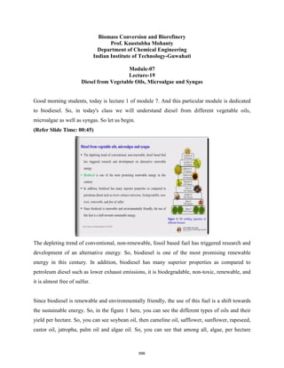 Biomass Conversion and Biorefinery
Prof. Kaustubha Mohanty
Department of Chemical Engineering
Indian Institute of Technology-Guwahati
Module-07
Lecture-19
Diesel from Vegetable Oils, Microalgae and Syngas
Good morning students, today is lecture 1 of module 7. And this particular module is dedicated
to biodiesel. So, in today's class we will understand diesel from different vegetable oils,
microalgae as well as syngas. So let us begin.
(Refer Slide Time: 00:45)
The depleting trend of conventional, non-renewable, fossil based fuel has triggered research and
development of an alternative energy. So, biodiesel is one of the most promising renewable
energy in this century. In addition, biodiesel has many superior properties as compared to
petroleum diesel such as lower exhaust emissions, it is biodegradable, non-toxic, renewable, and
it is almost free of sulfur.
Since biodiesel is renewable and environmentally friendly, the use of this fuel is a shift towards
the sustainable energy. So, in the figure 1 here, you can see the different types of oils and their
yield per hectare. So, you can see soybean oil, then cameline oil, safflower, sunflower, rapeseed,
castor oil, jatropha, palm oil and algae oil. So, you can see that among all, algae, per hectare
696
 