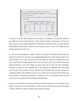 Coconut oil is another lipid feedstock used for synthesis of biodiesel in coastal areas. Potential
non edible oils used as lipid feedstock in India include Jatropha oil and karanja oil. Now this
table will give you an understanding about the different oil seed plants, their oil content, their oil
seed production and average oil seed price and average oil price - given in US dollars and the
yield per kg per hectare per year.
So, you can see that rapeseeds, soybean, sunflower seed, palm, cottonseed, peanut, copra and
coconut all are listed. So, this gives us an understanding about that we have plenty options of oil
seeds available in the world. And most of these here listed are almost the vegetable oils which
can be used for the cooking purposes, but not all. Now that is why if you recall our discussion
during biorefinery, I have been telling you many times that in India and other developing
countries we cannot use such vegetable oils, or say anything, any feedstock that comes under
food. So, that is why in India our focus is initially when this biodiesel has started, our focus was
completely shifted to the Jatropha, Jatropha curcas. And in one of our class I have told you that
why Jatropha is not become sustainable, it could not fit to the sustainable; then moreover
economy is also a problem with such Jatropha based biodiesel.
So then, we have shifted our attention to other non food based seed oils, we can call them as non
edible oil seeds and in our lecture perhaps 5, we have discussed about various types of non edible
oil seeds, whether it is mahuya, karanja, neem and there are many.
698
 