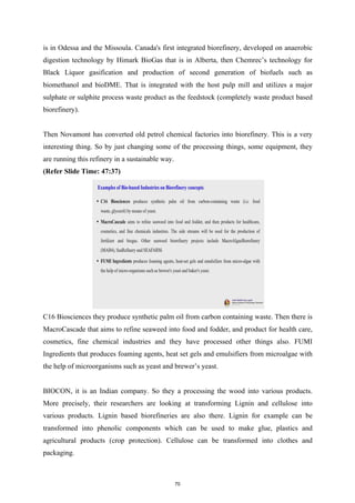 is in Odessa and the Missoula. Canada's first integrated biorefinery, developed on anaerobic
digestion technology by Himark BioGas that is in Alberta, then Chemrec’s technology for
Black Liquor gasification and production of second generation of biofuels such as
biomethanol and bioDME. That is integrated with the host pulp mill and utilizes a major
sulphate or sulphite process waste product as the feedstock (completely waste product based
biorefinery).
Then Novamont has converted old petrol chemical factories into biorefinery. This is a very
interesting thing. So by just changing some of the processing things, some equipment, they
are running this refinery in a sustainable way.
(Refer Slide Time: 47:37)
C16 Biosciences they produce synthetic palm oil from carbon containing waste. Then there is
MacroCascade that aims to refine seaweed into food and fodder, and product for health care,
cosmetics, fine chemical industries and they have processed other things also. FUMI
Ingredients that produces foaming agents, heat set gels and emulsifiers from microalgae with
the help of microorganisms such as yeast and brewer’s yeast.
BIOCON, it is an Indian company. So they a processing the wood into various products.
More precisely, their researchers are looking at transforming Lignin and cellulose into
various products. Lignin based biorefineries are also there. Lignin for example can be
transformed into phenolic components which can be used to make glue, plastics and
agricultural products (crop protection). Cellulose can be transformed into clothes and
packaging.
70
 