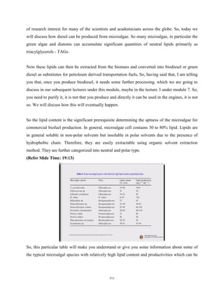 of research interest for many of the scientists and academicians across the globe. So, today we
will discuss how diesel can be produced from microalgae. So many microalgae, in particular the
green algae and diatoms can accumulate significant quantities of neutral lipids primarily as
triacylglycerols - TAGs.
Now these lipids can then be extracted from the biomass and converted into biodiesel or green
diesel as substitutes for petroleum derived transportation fuels. So, having said that, I am telling
you that, once you produce biodiesel, it needs some further processing, which we are going to
discuss in our subsequent lectures under this module, maybe in the lecture 3 under module 7. So,
you need to purify it, it is not that you produce and directly it can be used in the engines, it is not
so. We will discuss how this will eventually happen.
So the lipid content is the significant prerequisite determining the aptness of the microalgae for
commercial biofuel production. In general, microalgae cell contains 30 to 80% lipid. Lipids are
in general soluble in non-polar solvents but insoluble in polar solvents due to the presence of
hydrophobic chain. Therefore, they are easily extractable using organic solvent extraction
method. They are further categorized into neutral and polar type.
(Refer Slide Time: 19:13)
So, this particular table will make you understand or give you some information about some of
the typical microalgal species with relatively high lipid content and productivities which can be
711
 