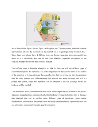 So, as shown in the figure. So, this figure I will explain you. You can see this, this is the classical
representation of how the biodiesel can be purified, so as to get high purity biodiesel. So, 4
things have been shown here, 4 different types or distinct separation processes equilibrium
based, so it is distillation. You can see that crude biodiesel, impurities are present, so the
biodiesel mixed with solvent, then it will be purified.
Then affinity based is basically adsorption, so AD. So, here you will use different types of
adsorbents to remove the impurities. So, all the impurities will be adsorbed either in the surface
of the adsorbent or it may get inside the pores also. So, then you or you can have ion exchange
also. So, either you can have cation exchange bed, you can have anion exchange bed, so it is a
packed bed system, where the impurities will be attached to the ion exchange resins and
biodiesel will be purified.
Then membrane based: Membrane has often taken a very important role in most of the process
industries using chemicals, pharmaceuticals, then food and beverage industries. Now in this case
also biodiesel also can be purified using different types of membrane system maybe
ultrafiltration, nanofiltration and others where the beauty of the membrane separation is that you
can tailor make membrane to target a specific separation.
776
 