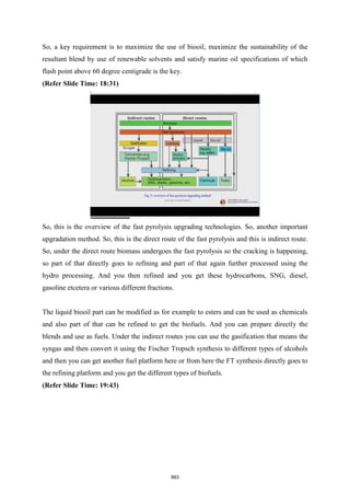 So, a key requirement is to maximize the use of biooil, maximize the sustainability of the
resultant blend by use of renewable solvents and satisfy marine oil specifications of which
flash point above 60 degree centigrade is the key.
(Refer Slide Time: 18:31)
So, this is the overview of the fast pyrolysis upgrading technologies. So, another important
upgradation method. So, this is the direct route of the fast pyrolysis and this is indirect route.
So, under the direct route biomass undergoes the fast pyrolysis so the cracking is happening,
so part of that directly goes to refining and part of that again further processed using the
hydro processing. And you then refined and you get these hydrocarbons, SNG, diesel,
gasoline etcetera or various different fractions.
The liquid biooil part can be modified as for example to esters and can be used as chemicals
and also part of that can be refined to get the biofuels. And you can prepare directly the
blends and use as fuels. Under the indirect routes you can use the gasification that means the
syngas and then convert it using the Fischer Tropsch synthesis to different types of alcohols
and then you can get another fuel platform here or from here the FT synthesis directly goes to
the refining platform and you get the different types of biofuels.
(Refer Slide Time: 19:43)
883
 