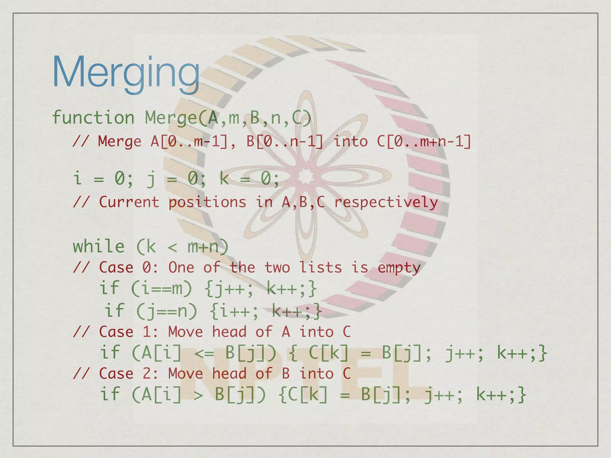 Merging
function Merge(A,m,B,n,C)
// Merge A[0..m-1], B[0..n-1] into C[0..m+n-1]
i = 0; j = 0; k = 0;
// Current positions in A,B,C respectively
while (k < m+n)
// Case 0: One of the two lists is empty
if (i==m) {j++; k++;}
if (j==n) {i++; k++;}
// Case 1: Move head of A into C
if (A[i] <= B[j]) { C[k] = B[j]; j++; k++;}
// Case 2: Move head of B into C
if (A[i] > B[j]) {C[k] = B[j]; j++; k++;}
 