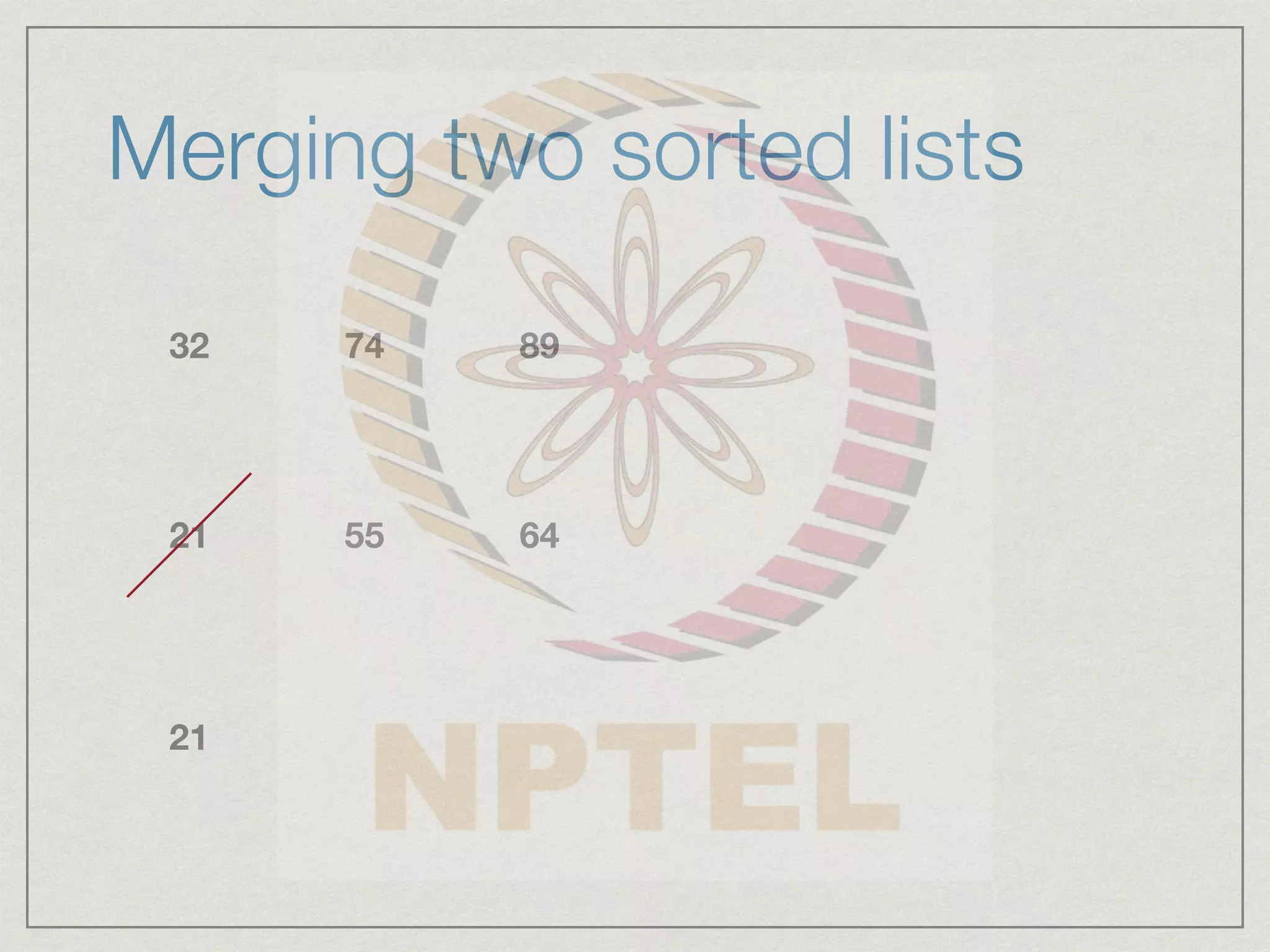 Merging two sorted lists
32 74 89
21 55 64
21
 