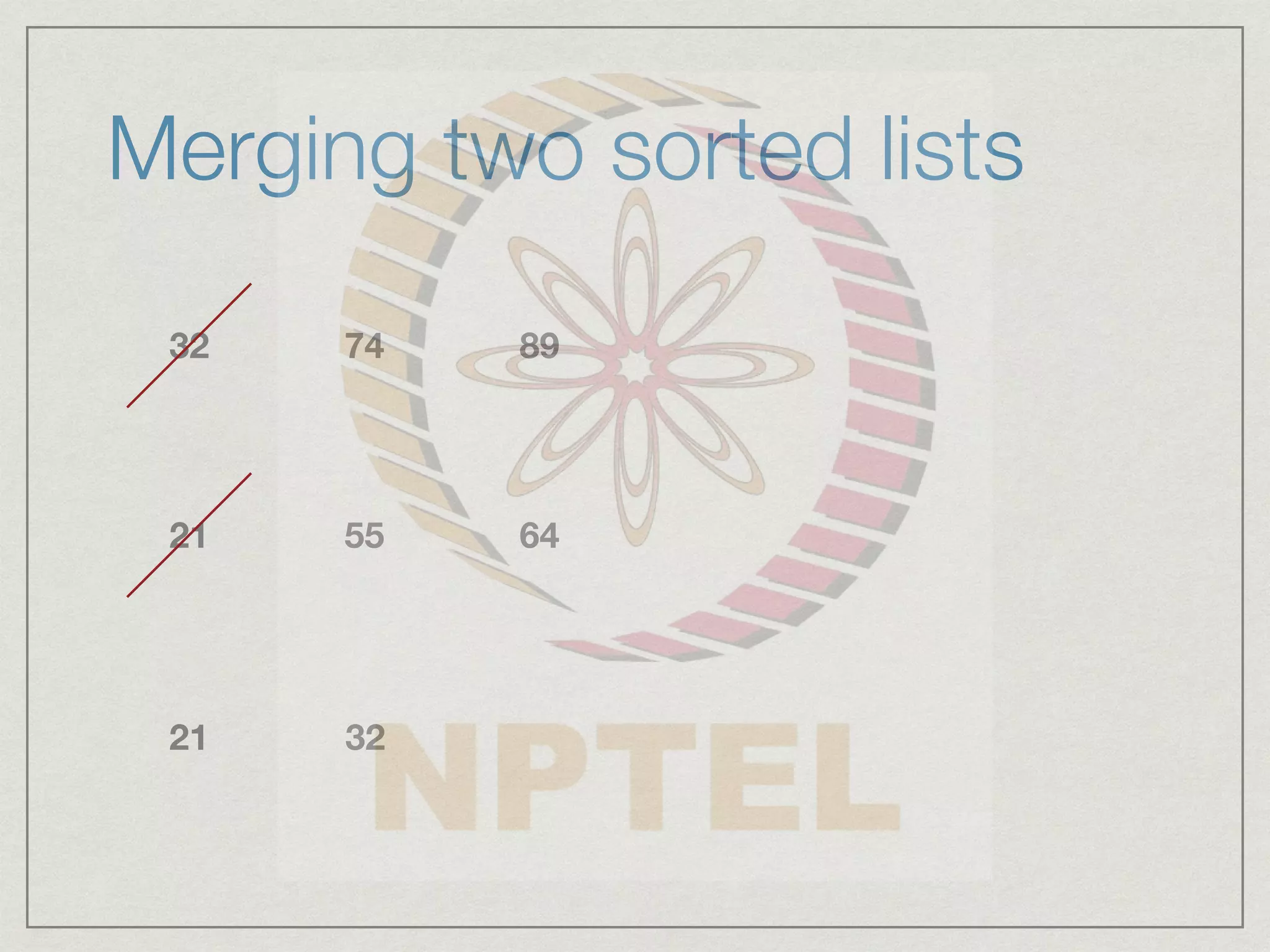 Merging two sorted lists
32 74 89
21 55 64
21 32
 
