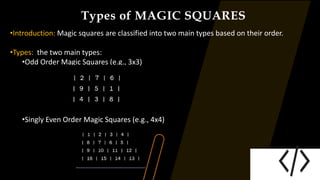 Types of MAGIC SQUARES
•Introduction: Magic squares are classified into two main types based on their order.
•Types: the two main types:
•Odd Order Magic Squares (e.g., 3x3)
•Singly Even Order Magic Squares (e.g., 4x4)
 