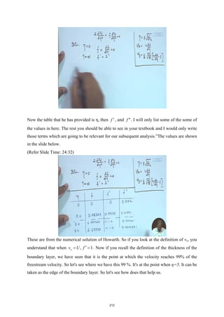Now the table that he has provided is η, then f ′ , and f ′′. I will only list some of the some of
the values in here. The rest you should be able to see in your textbook and I would only write
those terms which are going to be relevant for our subsequent analysis.”The values are shown
in the slide below.
(Refer Slide Time: 24:32)
These are from the numerical solution of Howarth. So if you look at the definition of vx, you
understand that when , 1
x
v U f ′
= = . Now if you recall the definition of the thickness of the
boundary layer, we have seen that it is the point at which the velocity reaches 99% of the
freestream velocity. So let's see where we have this 99 %. It's at the point when η=5. It can be
taken as the edge of the boundary layer. So let's see how does that help us.
212
 