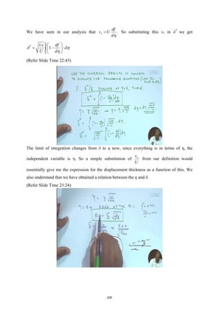 We have seen in our analysis that x
df
v U
dη
= . So substituting this vx in δ*
we get
*
0
1
x df
d
U d
η
ν
δ η
η
 
= − ⋅
 
 
∫
(Refer Slide Time 22:43)
The limit of integration changes from δ to η now, since everything is in terms of η, the
independent variable is η. So a simple substitution of x
v
U
from our definition would
essentially give me the expression for the displacement thickness as a function of this. We
also understand that we have obtained a relation between the η and δ.
(Refer Slide Time 23:24)
226
 