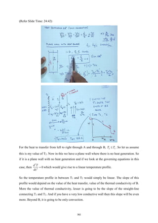 (Refer Slide Time: 24:42)
For the heat to transfer from left to right through A and through B, 2 1
T T
 . So let us assume
this is my value of T2. Now in this we have a plane wall where there is no heat generation. So
if it is a plane wall with no heat generation and if we look at the governing equations in this
case, then
2
2
0
d T
dx
= which would give rise to a linear temperature profile.
So the temperature profile in between T1 and T2 would simply be linear. The slope of this
profile would depend on the value of the heat transfer, value of the thermal conductivity of B.
More the value of thermal conductivity, lesser is going to be the slope of the straight-line
connecting T1 and T2. And if you have a very low conductive wall then this slope will be even
more. Beyond B, it is going to be only convection.
362
 