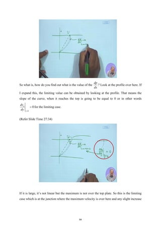 So what is, how do you find out what is the value of the
dp
dx
? Look at the profile over here. If
I expand this, the limiting value can be obtained by looking at the profile. That means the
slope of the curve, when it reaches the top is going to be equal to 0 or in other words
0
x
y b
dv
dy =
= for the limiting case.
(Refer Slide Time 27:34)
If it is large, it’s not linear but the maximum is not over the top plate. So this is the limiting
case which is at the junction where the maximum velocity is over here and any slight increase
84
 