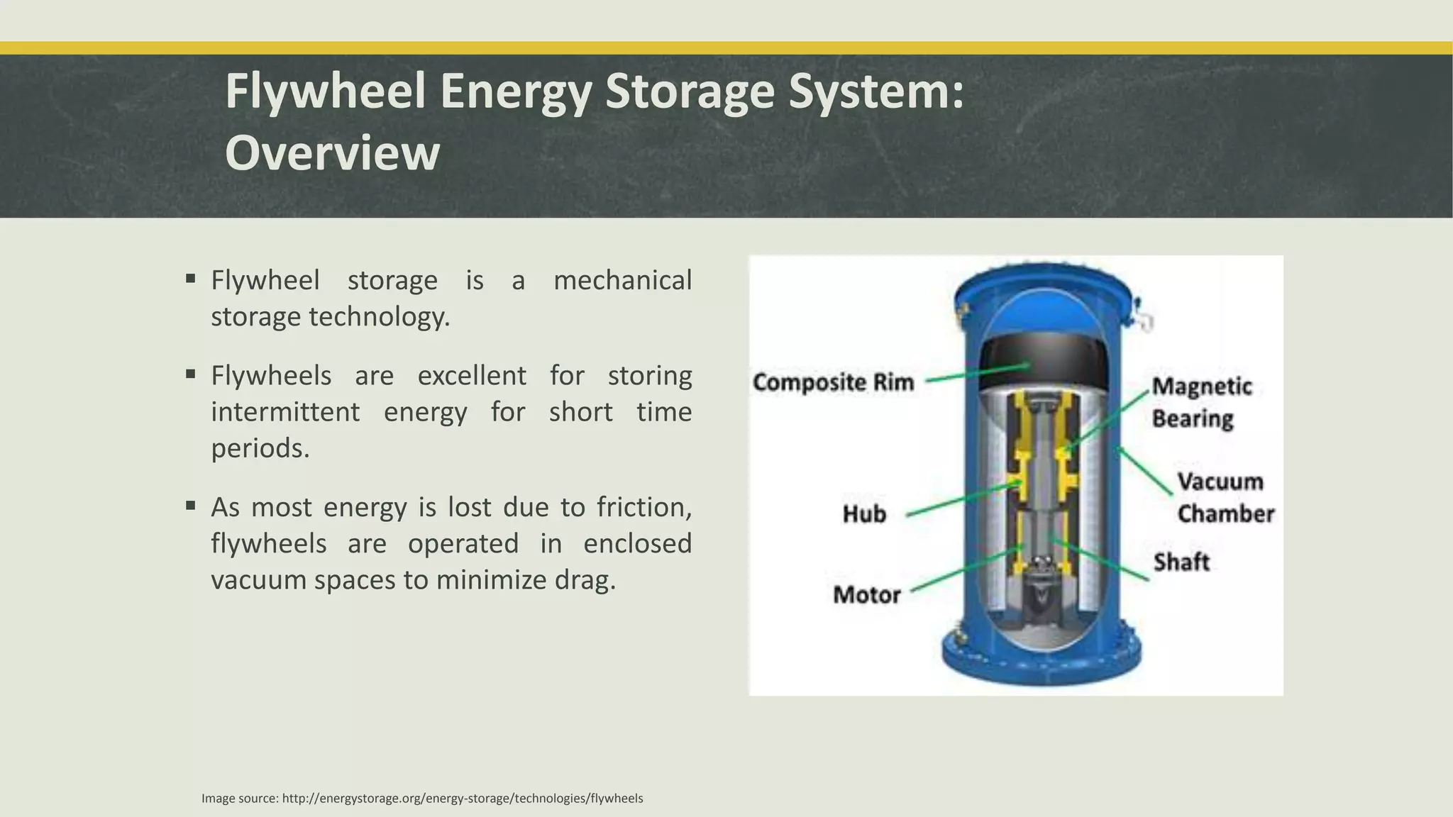 Flywheel Energy Storage System:
Overview
 Flywheel storage is a mechanical
storage technology.
 Flywheels are excellent for storing
intermittent energy for short time
periods.
 As most energy is lost due to friction,
flywheels are operated in enclosed
vacuum spaces to minimize drag.
Image source: http://energystorage.org/energy-storage/technologies/flywheels
 