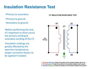 Insulation Resistance Test
•Primary to secondary
•Primary to ground
•Secondary to ground
•Before performing the test,
it’s important to short-circuit
the primary winding &
secondary winding of the CT.
•Insulation readings are
greatly affected by the
specimen temperature,
proper correction factors to
be applied if needed.
 