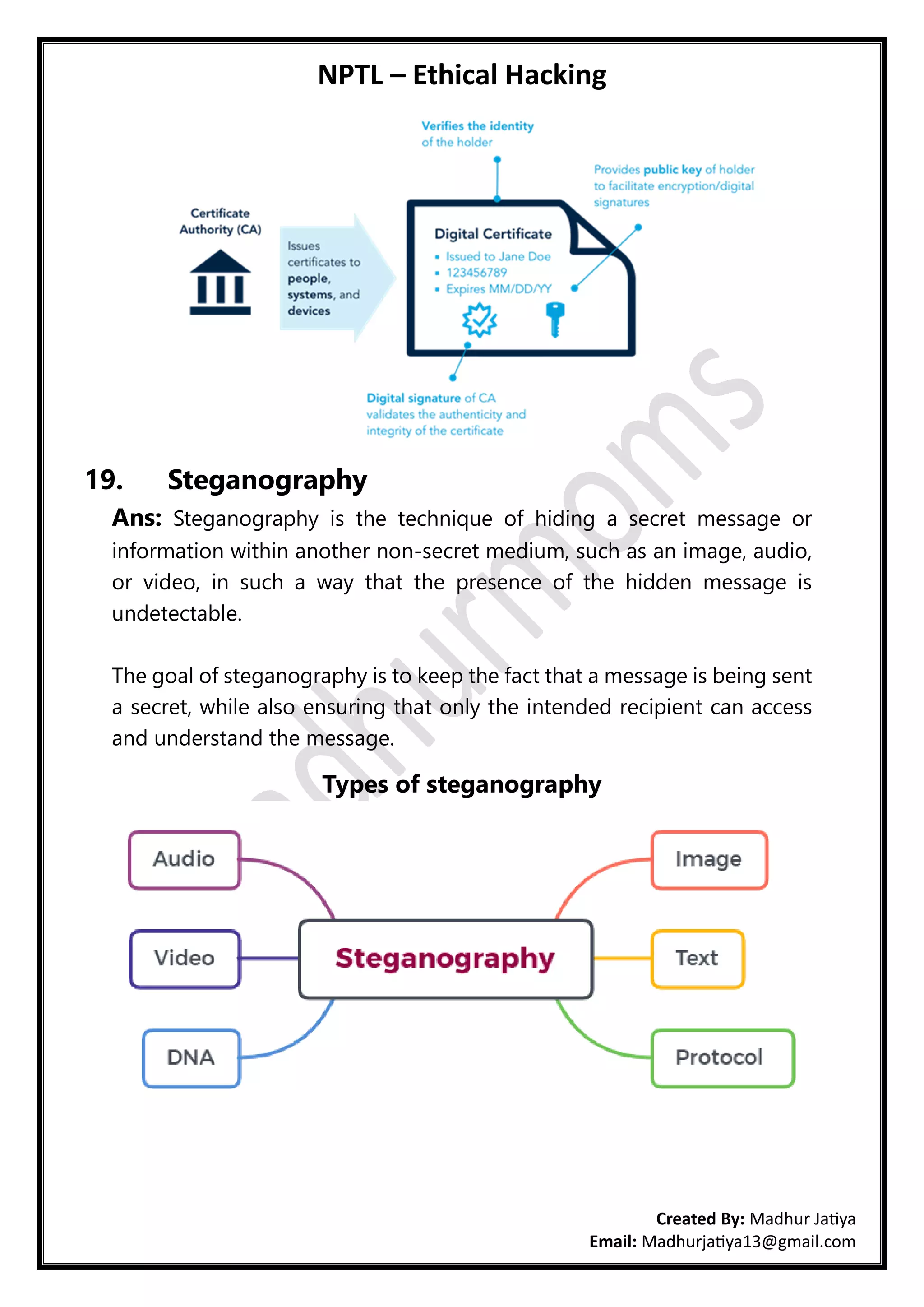 NPTL – Ethical Hacking
Created By: Madhur Jatiya
Email: Madhurjatiya13@gmail.com
19. Steganography
Ans: Steganography is the technique of hiding a secret message or
information within another non-secret medium, such as an image, audio,
or video, in such a way that the presence of the hidden message is
undetectable.
The goal of steganography is to keep the fact that a message is being sent
a secret, while also ensuring that only the intended recipient can access
and understand the message.
Types of steganography
 