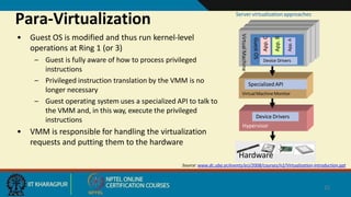 Para-Virtualization
• Guest OS is modified and thus run kernel-level
operations at Ring 1 (or 3)
– Guest is fully aware of how to process privileged
instructions
– Privileged instruction translation by the VMM is no
longer necessary
– Guest operating system uses a specialized API to talk to
the VMM and, in this way, execute the privileged
instructions
• VMM is responsible for handling the virtualization
requests and putting them to the hardware
VirtualMachine Monitor
Virtual
Machine
Guest
OS
Device Drivers
App.
A
App.
B
App.
C
Specialized API
Hardware
Hypervisor
Device Drivers
Server virtualization approaches
25
Source: www.dc.uba.ar/events/eci/2008/courses/n2/Virtualization-Introduction.ppt
 