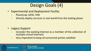 Design Goals (4)
39
• Experimental and Deployment Facility
– PlanetLab, GENI, VINI
– Directly deploy services in real world from the testing phase
• Legacy Support
– Consider the existing Internet as a member of the collection of
multiple virtual Internets
– Very important to keep all concerned parties satisfied
 
