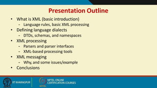 Presentation Outline
3
• What is XML (basic introduction)
– Language rules, basic XML processing
• Defining language dialects
– DTDs, schemas, and namespaces
• XML processing
– Parsers and parser interfaces
– XML-based processing tools
• XML messaging
– Why, and some issues/example
• Conclusions
 