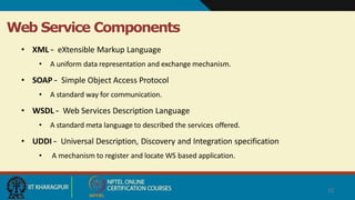 Web Service Components
15
• XML – eXtensible Markup Language
• A uniform data representation and exchange mechanism.
• SOAP – Simple Object Access Protocol
• A standard way for communication.
• WSDL – Web Services Description Language
• A standard meta language to described the services offered.
• UDDI – Universal Description, Discovery and Integration specification
• A mechanism to register and locate WS based application.
 