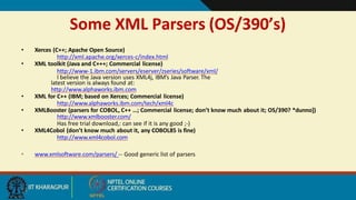 Some XML Parsers (OS/390’s)
13
• Xerces (C++; Apache Open Source)
http://xml.apache.org/xerces-c/index.html
• XML toolkit (Java and C+++; Commercial license)
http://www-1.ibm.com/servers/eserver/zseries/software/xml/
I believe the Java version uses XML4j, IBM’s Java Parser. The
latest version is always found at:
http://www.alphaworks.ibm.com
• XML for C++ (IBM; based on Xerces; Commercial license)
http://www.alphaworks.ibm.com/tech/xml4c
• XMLBooster (parsers for COBOL, C++ …; Commercial license; don’t know much about it; OS/390? *dunno])
http://www.xmlbooster.com/
Has free trial download,: can see if it is any good ;-)
• XML4Cobol (don’t know much about it, any COBOL85 is fine)
http://www.xml4cobol.com
• www.xmlsoftware.com/parsers/ -- Good generic list of parsers
 