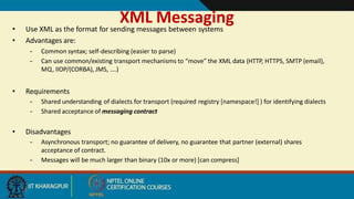 XML Messaging
18
• Use XML as the format for sending messages between systems
• Advantages are:
– Common syntax; self-describing (easier to parse)
– Can use common/existing transport mechanisms to “move” the XML data (HTTP, HTTPS, SMTP (email),
MQ, IIOP/(CORBA), JMS, ….)
• Requirements
– Shared understanding of dialects for transport (required registry [namespace!] ) for identifying dialects
– Shared acceptance of messaging contract
• Disadvantages
– Asynchronous transport; no guarantee of delivery, no guarantee that partner (external) shares
acceptance of contract.
– Messages will be much larger than binary (10x or more) [can compress]
 